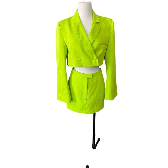 Meshki Luella Neon Green Women's Skirt Suit Cropped Blazer Small Casual Party - Picture 2 of 16